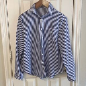 Women’s classic blue and white striped button up, work, preppy, nautical
